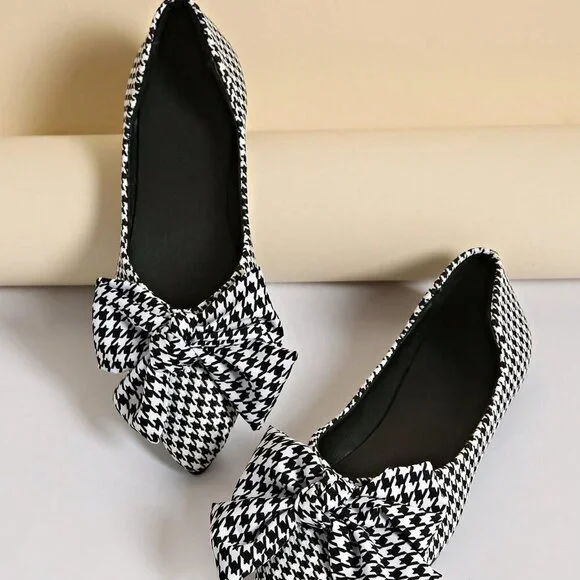 Black And White Casual Women's Loafers with Plaid Bow - Picture 3 of 8